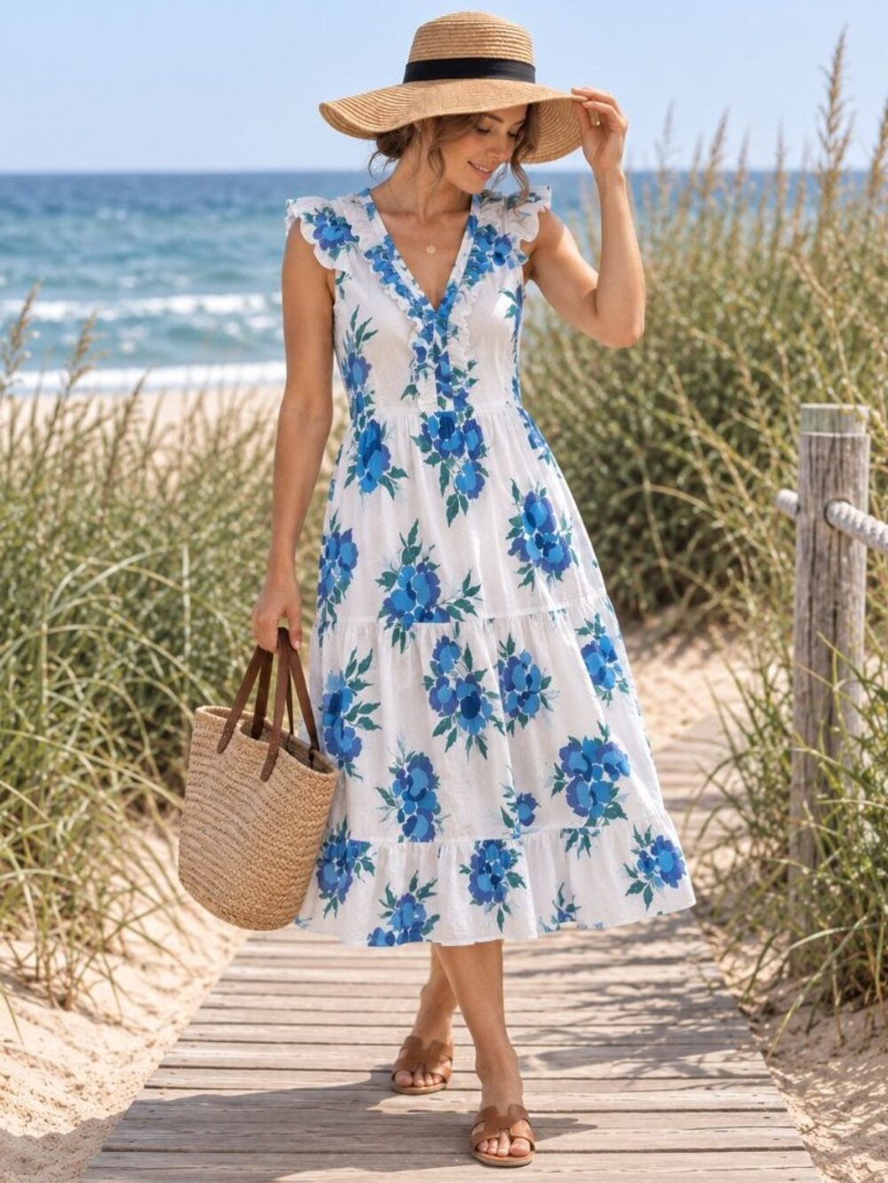 J. Crew Smocked Tiered Midi Dress Floral White Blue V-Neck Ruffle Size 00 Garden